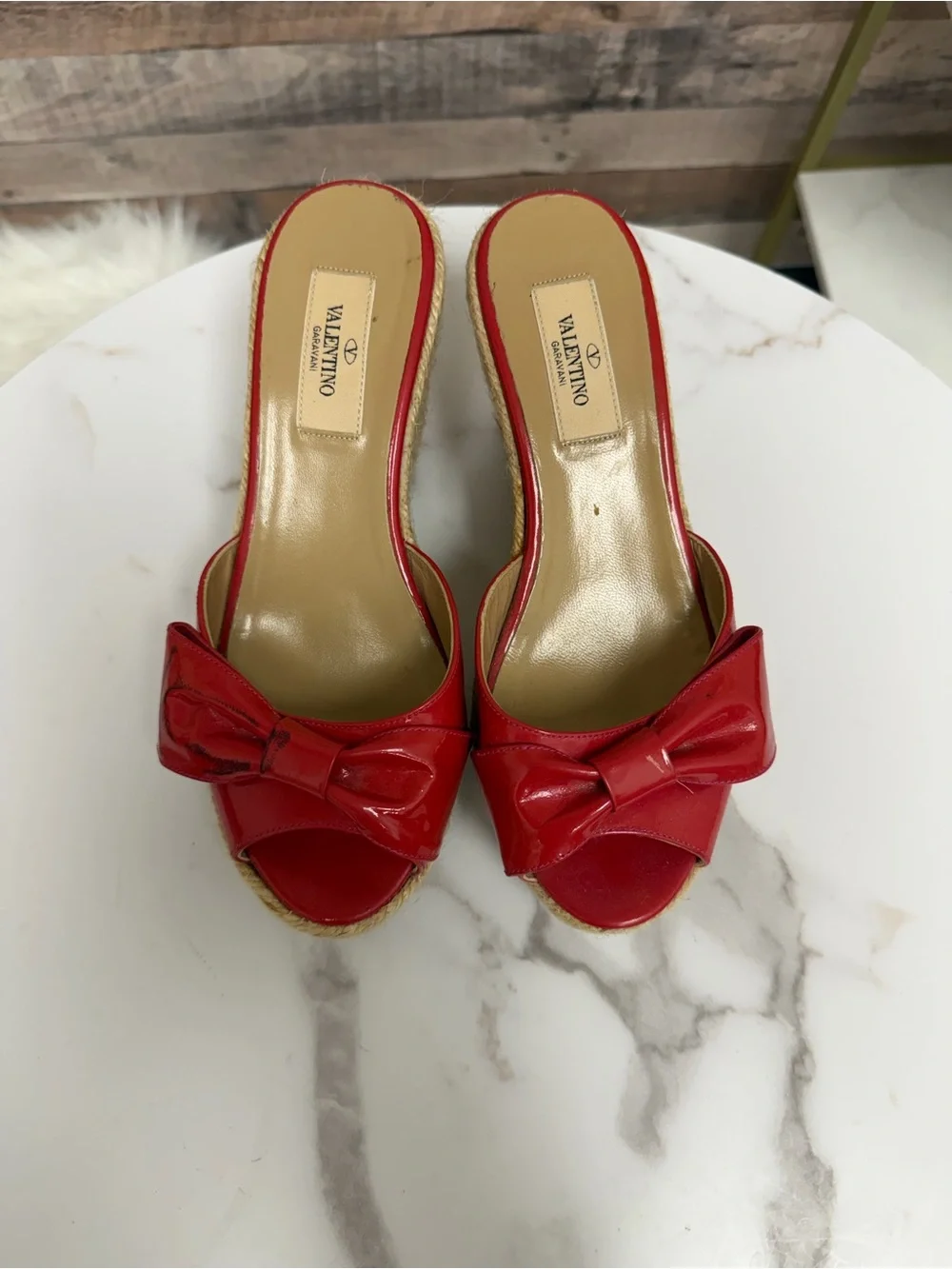 Valentino Red Patent Bow Espadrille Wedge Sandal with bow